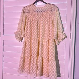 Native One Tiered Puff Sleeved Checked Dress Cream Yellow Size Small